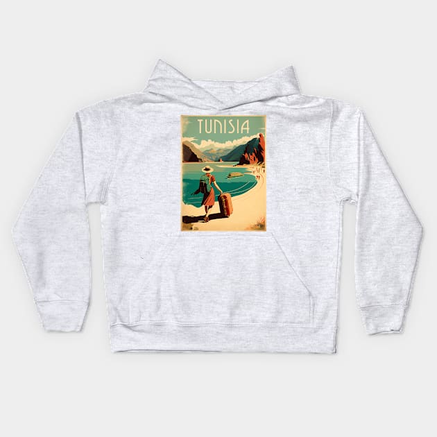 Tunisia Coastline Vintage Travel Art Poster Kids Hoodie by OldTravelArt